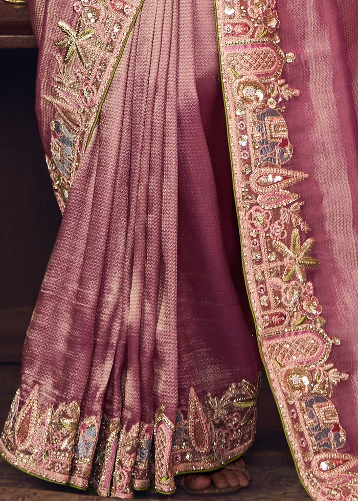 Designer Pastel Pink Silk Embroidered Bridal Saree & Green Blouse