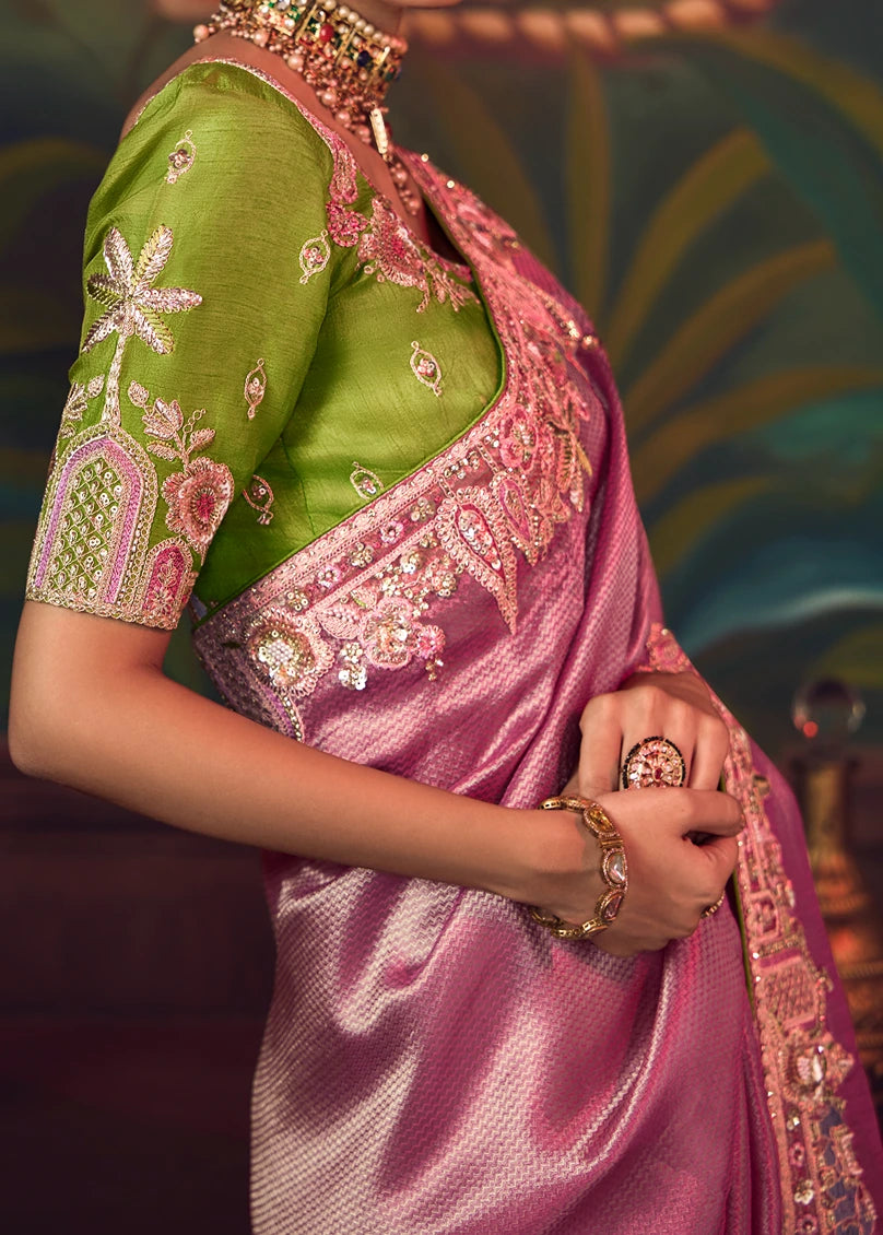 Designer Pastel Pink Silk Embroidered Bridal Saree & Green Blouse