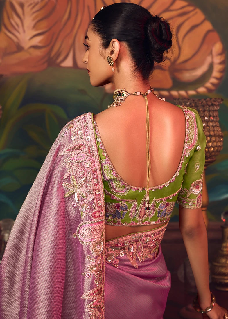 Designer Pastel Pink Silk Embroidered Bridal Saree & Green Blouse