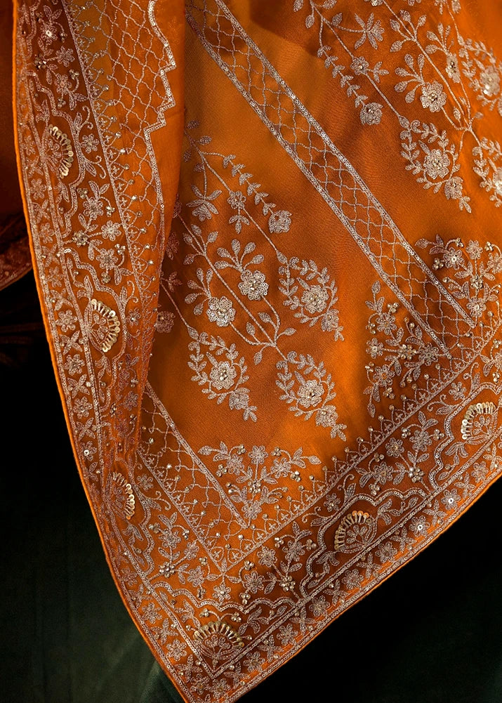 Orange Dabka Work Silk Embroidered Bridal Saree