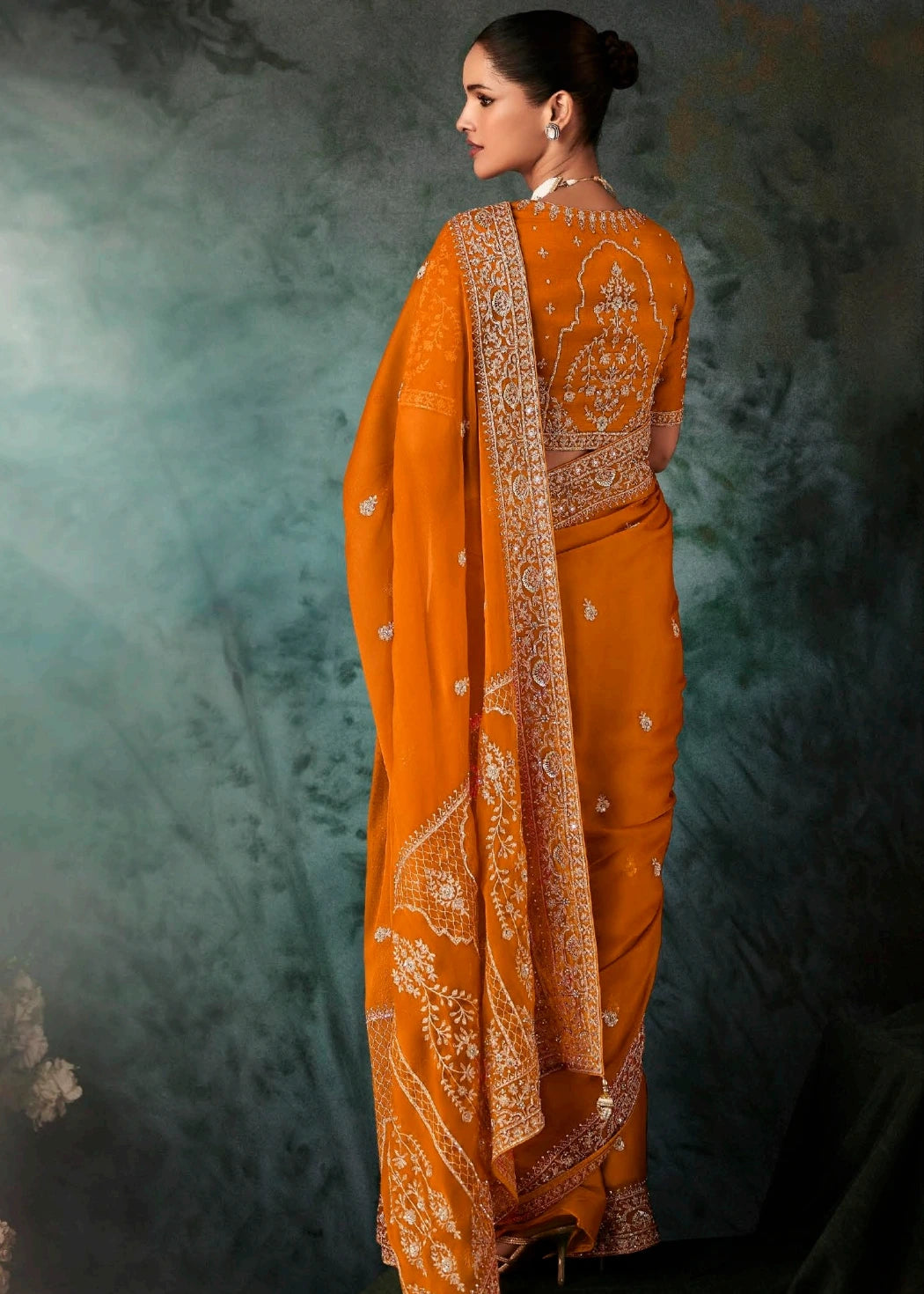 Orange Dabka Work Silk Embroidered Bridal Saree