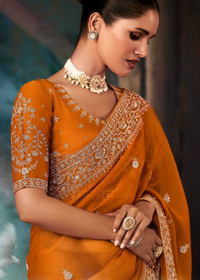 Orange Dabka Work Silk Embroidered Bridal Saree