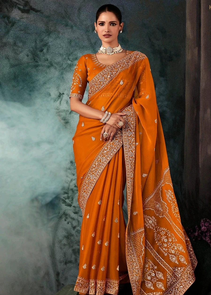 Orange Dabka Work Silk Embroidered Bridal Saree