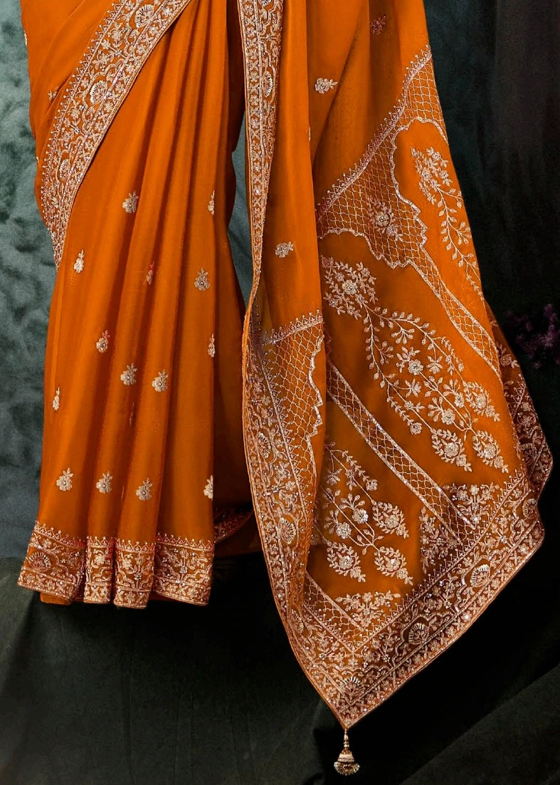Orange Dabka Work Silk Embroidered Bridal Saree