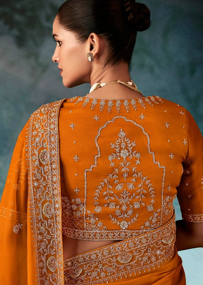 Orange Dabka Work Silk Embroidered Bridal Saree
