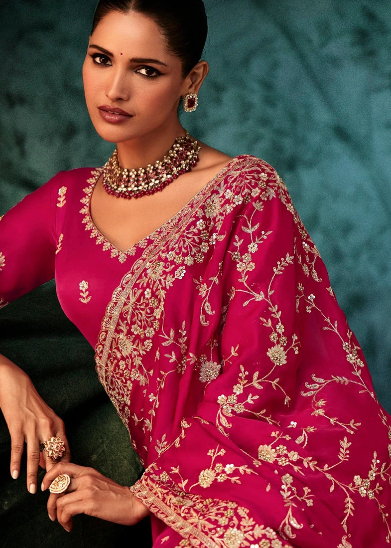 Fuchsia Pink Crepe Satin Silk Embroidered Bridal Saree