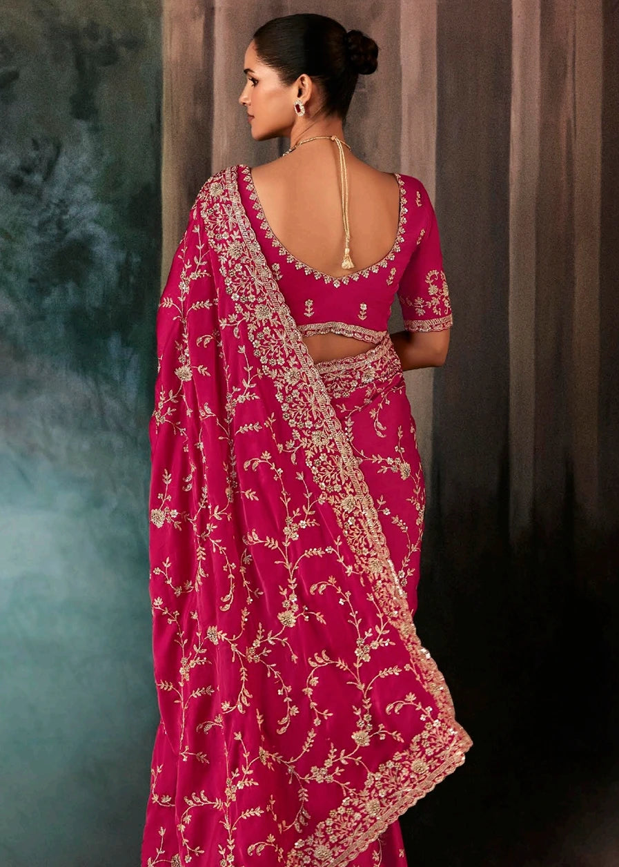 Fuchsia Pink Crepe Satin Silk Embroidered Bridal Saree