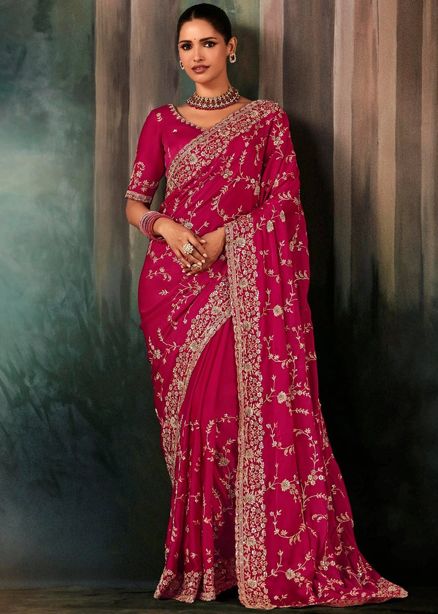Fuchsia Pink Crepe Satin Silk Embroidered Bridal Saree