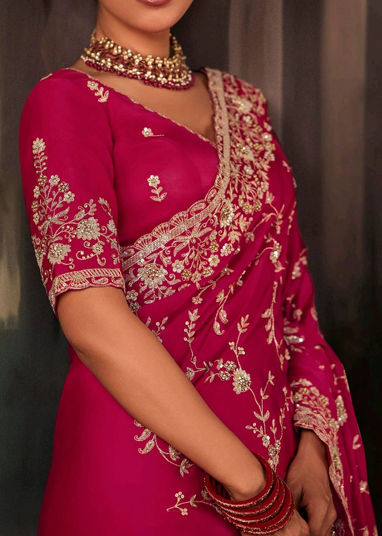 Fuchsia Pink Crepe Satin Silk Embroidered Bridal Saree