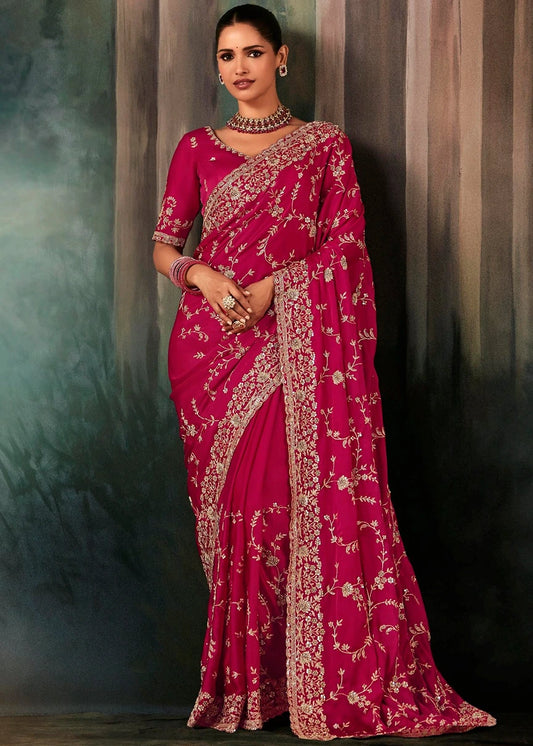 Fuchsia Pink Crepe Satin Silk Embroidered Bridal Saree