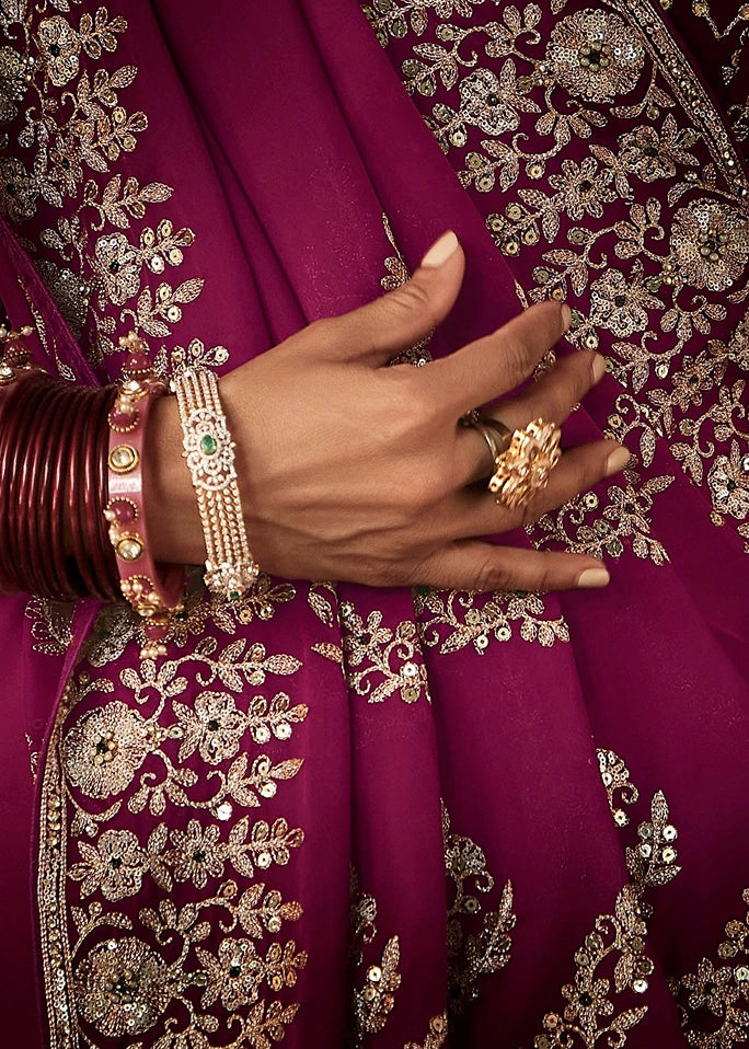 Wine Maroon Red Satin Silk Embroidered Bridal Saree