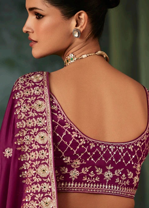 Wine Maroon Red Satin Silk Embroidered Bridal Saree