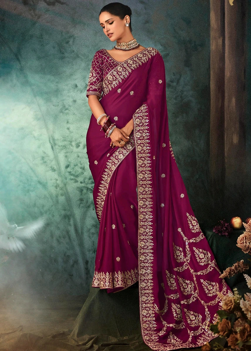 Wine Maroon Red Satin Silk Embroidered Bridal Saree
