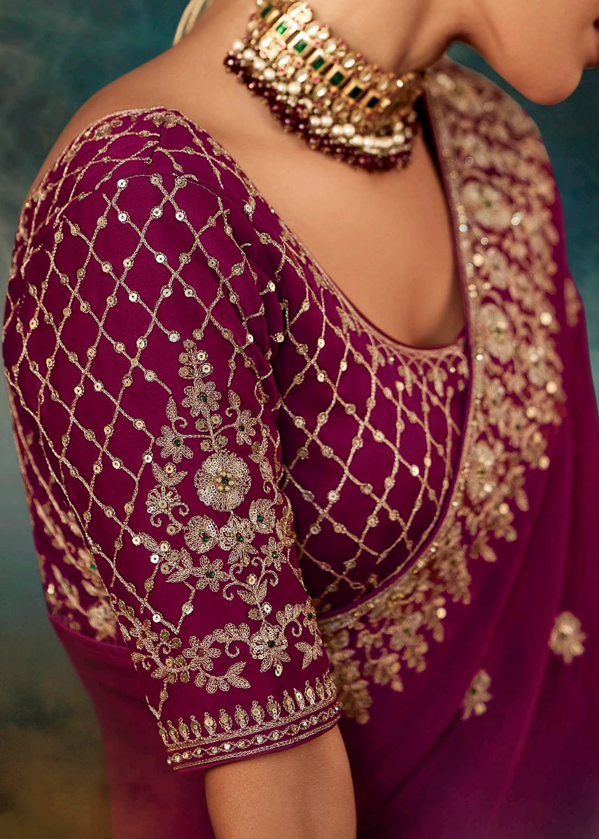 Wine Maroon Red Satin Silk Embroidered Bridal Saree