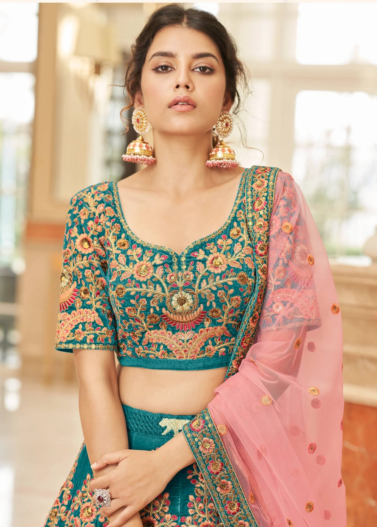 Turquoise Blue Velvet Lehenga Choli With Pink Dupatta