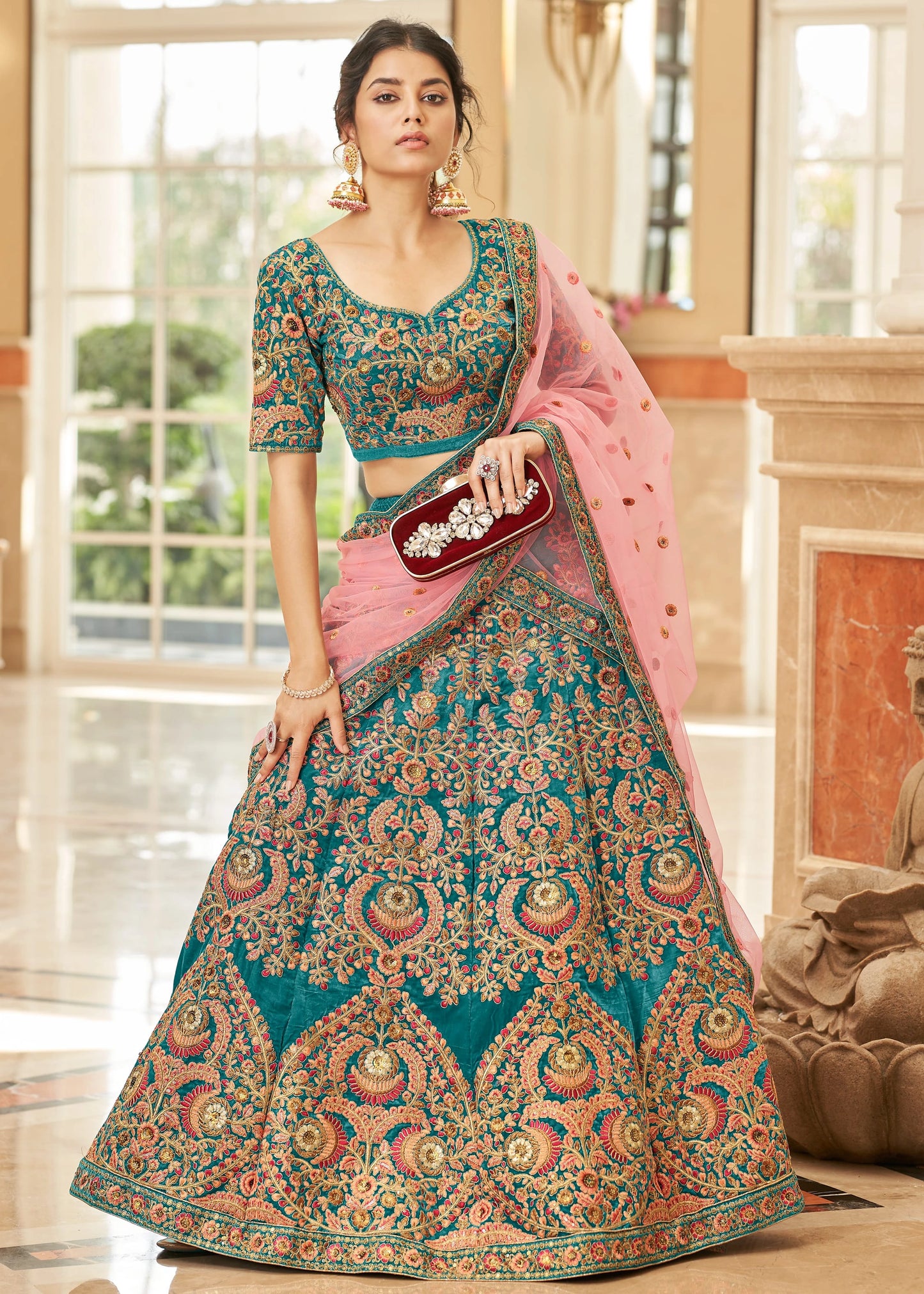 Turquoise Blue Velvet Lehenga Choli With Pink Dupatta