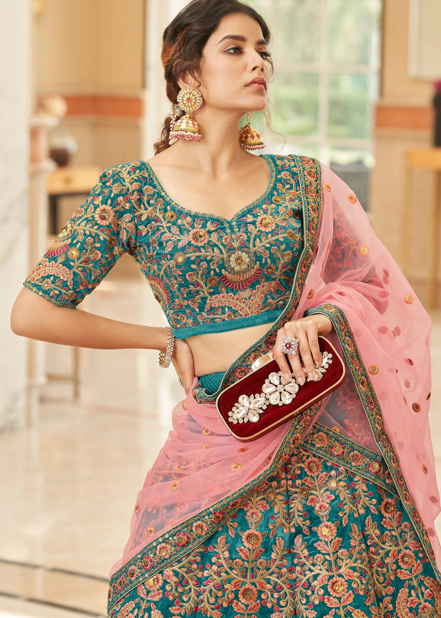 Turquoise Blue Velvet Lehenga Choli With Pink Dupatta