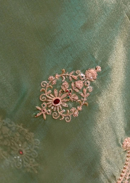Ocean Green Tissue Silk Sequins Embroidery & Stone Work Saree