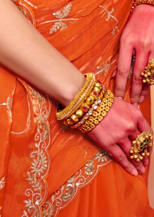 Saffron Orange Organza Silk Sequins Embroidery & Stone Work Saree