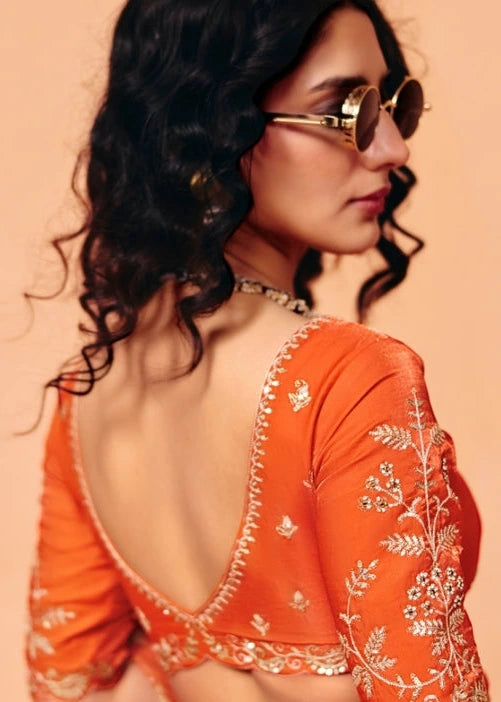 Saffron Orange Organza Silk Sequins Embroidery & Stone Work Saree