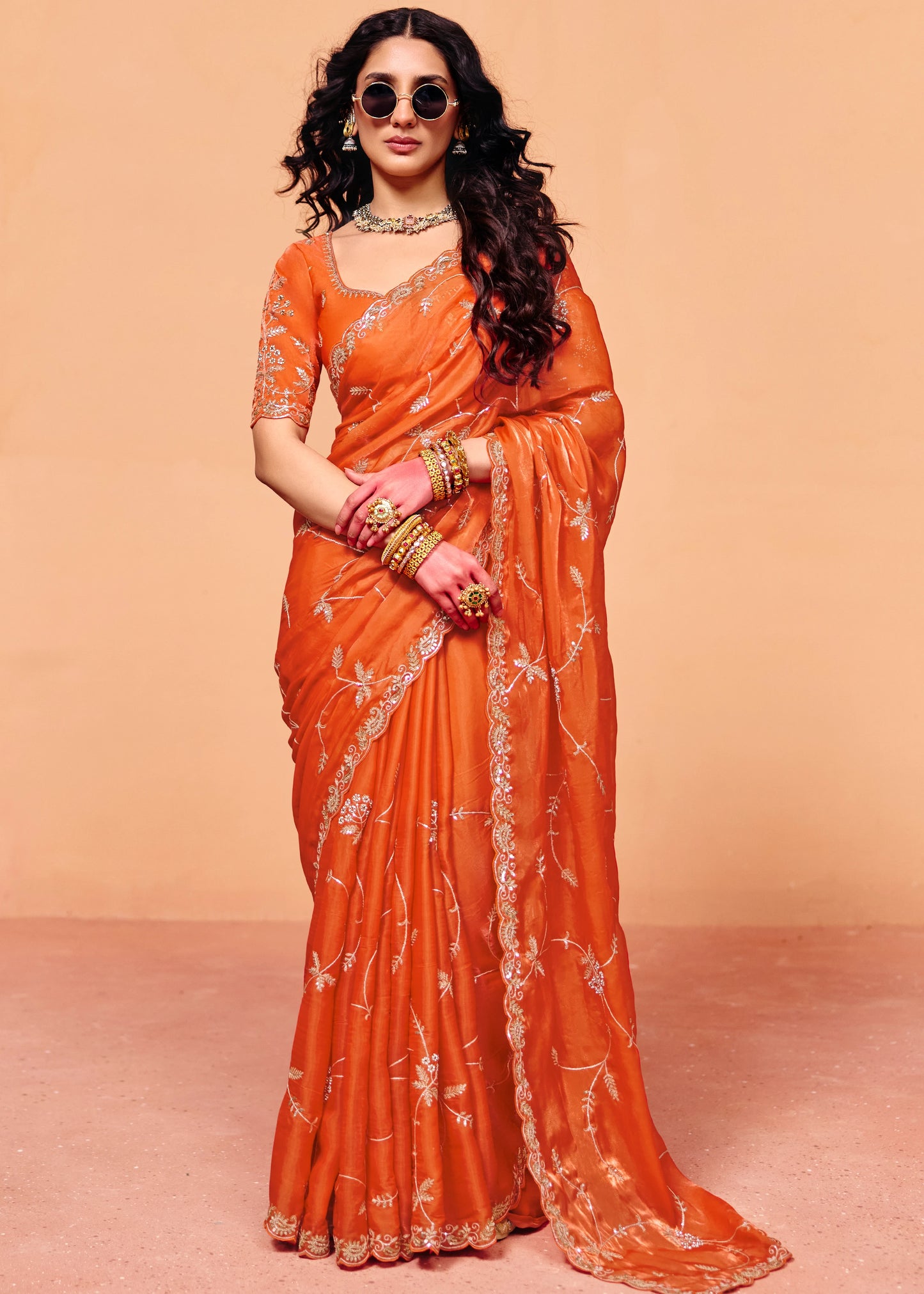 Saffron Orange Organza Silk Sequins Embroidery & Stone Work Saree