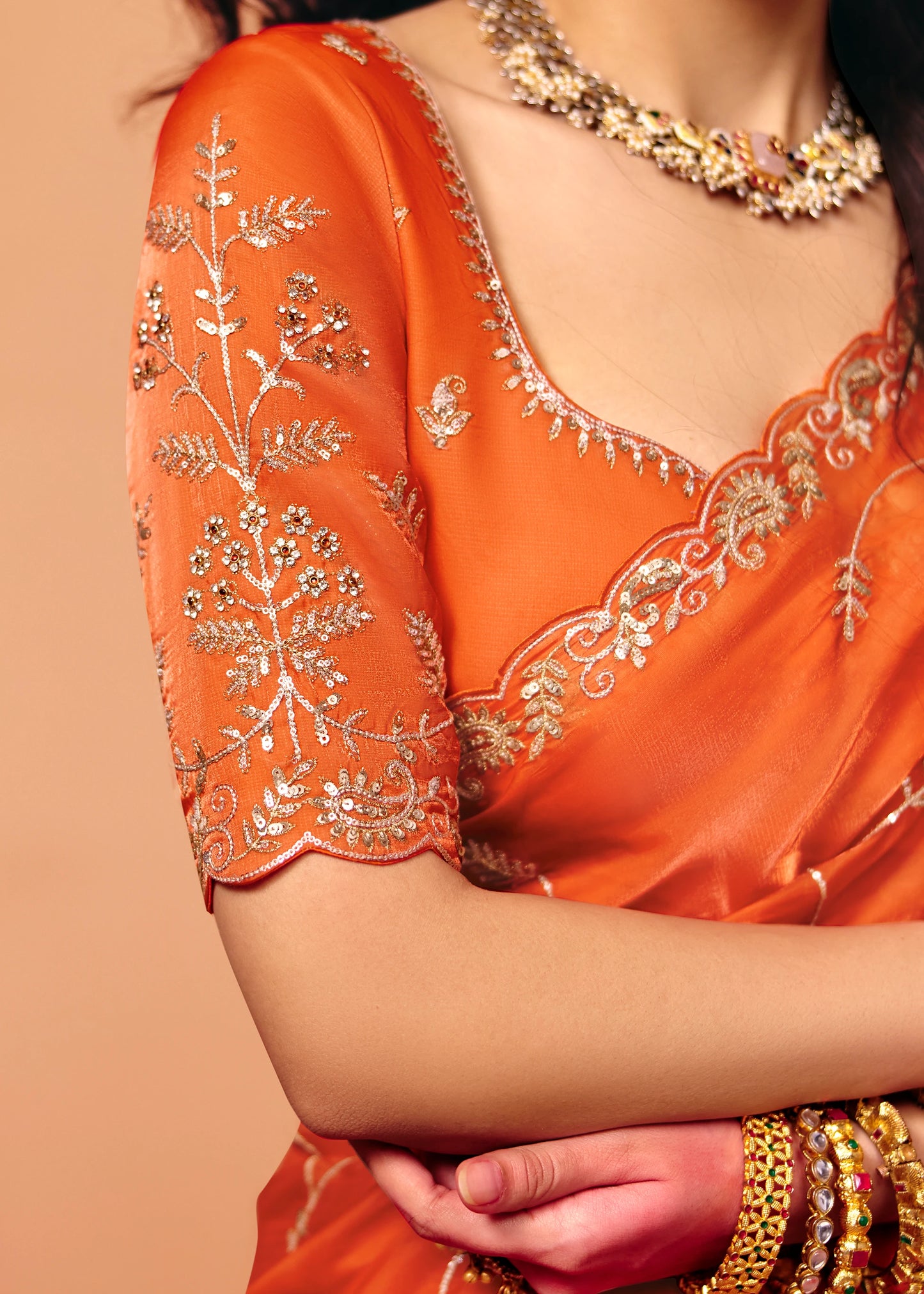 Saffron Orange Organza Silk Sequins Embroidery & Stone Work Saree