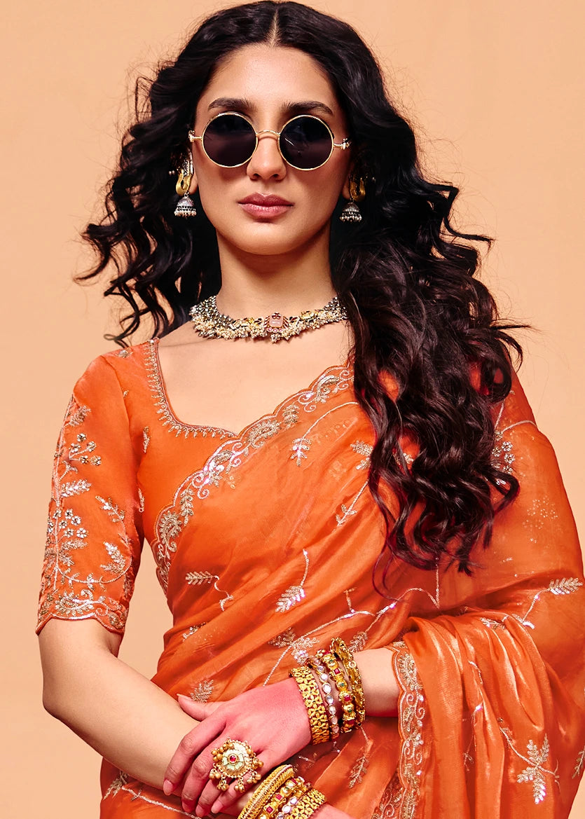 Saffron Orange Organza Silk Sequins Embroidery & Stone Work Saree