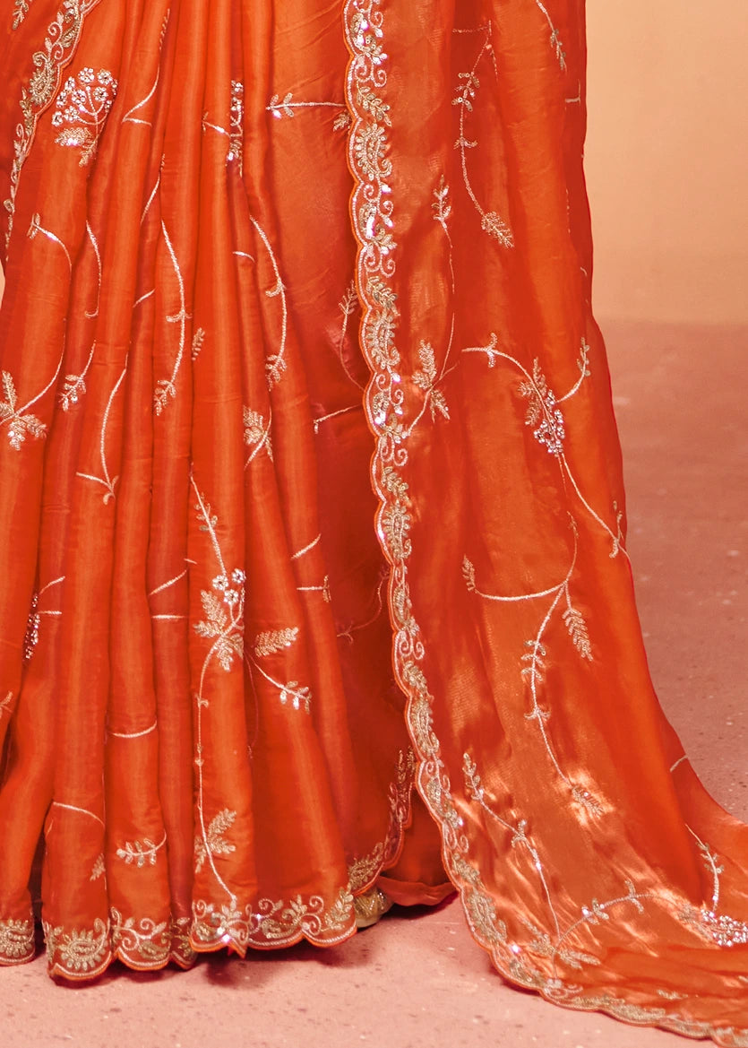 Saffron Orange Organza Silk Sequins Embroidery & Stone Work Saree