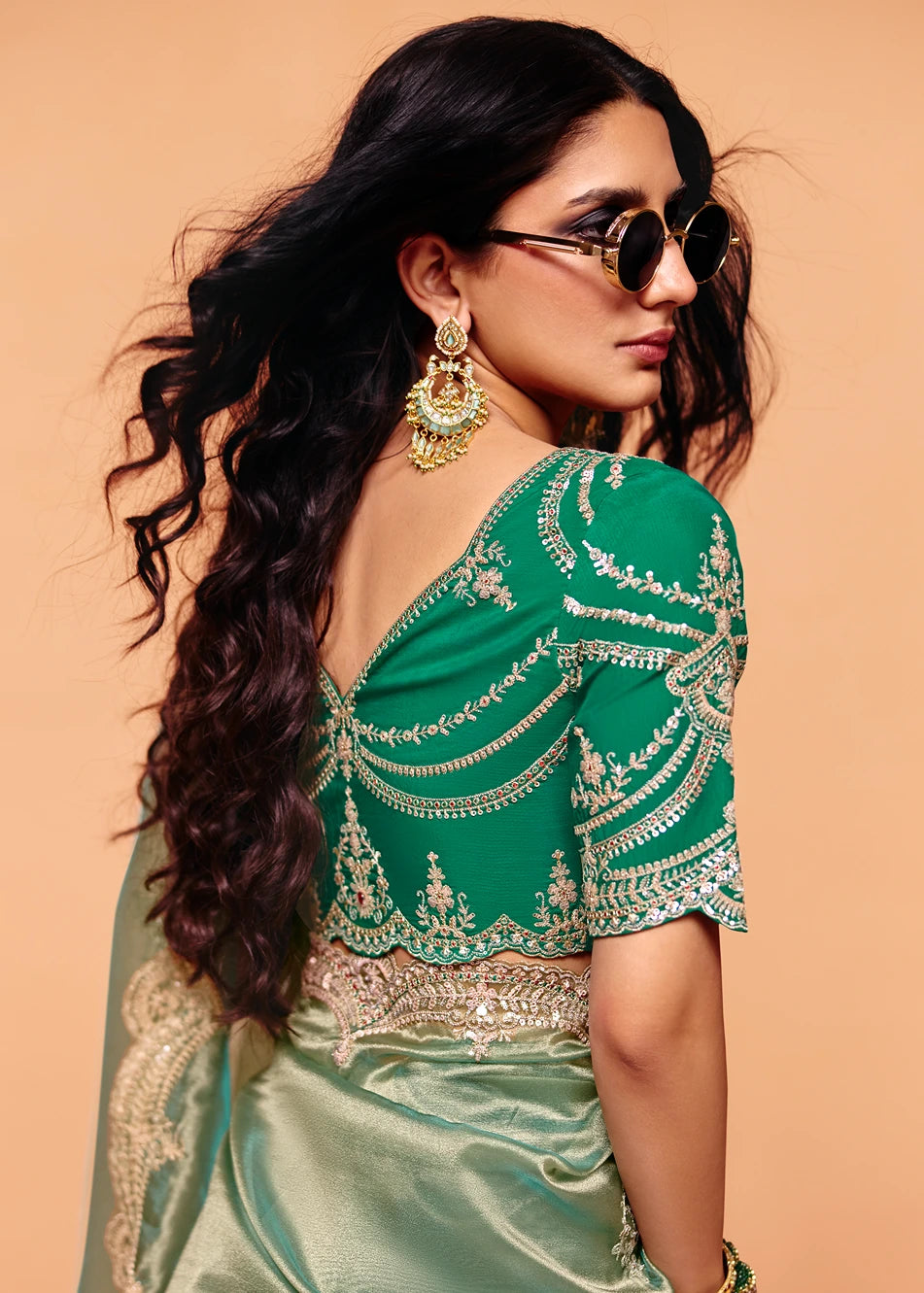 Ocean Green Tissue Silk Sequins Embroidery & Stone Work Saree