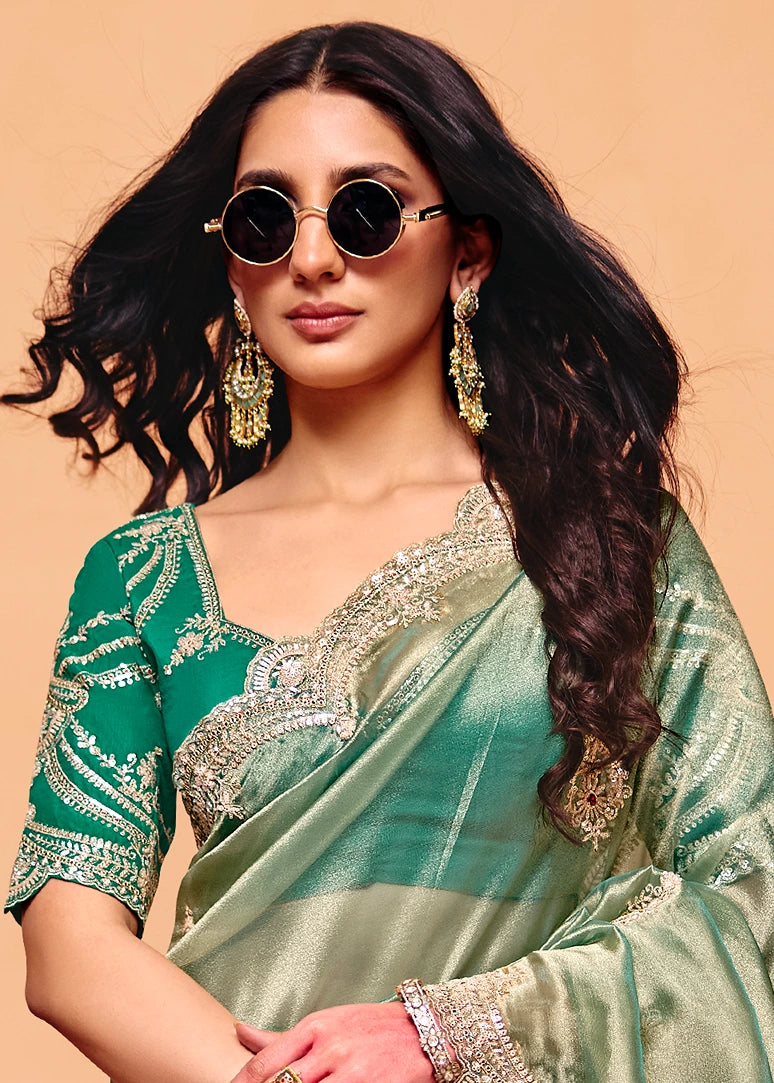 Ocean Green Tissue Silk Sequins Embroidery & Stone Work Saree