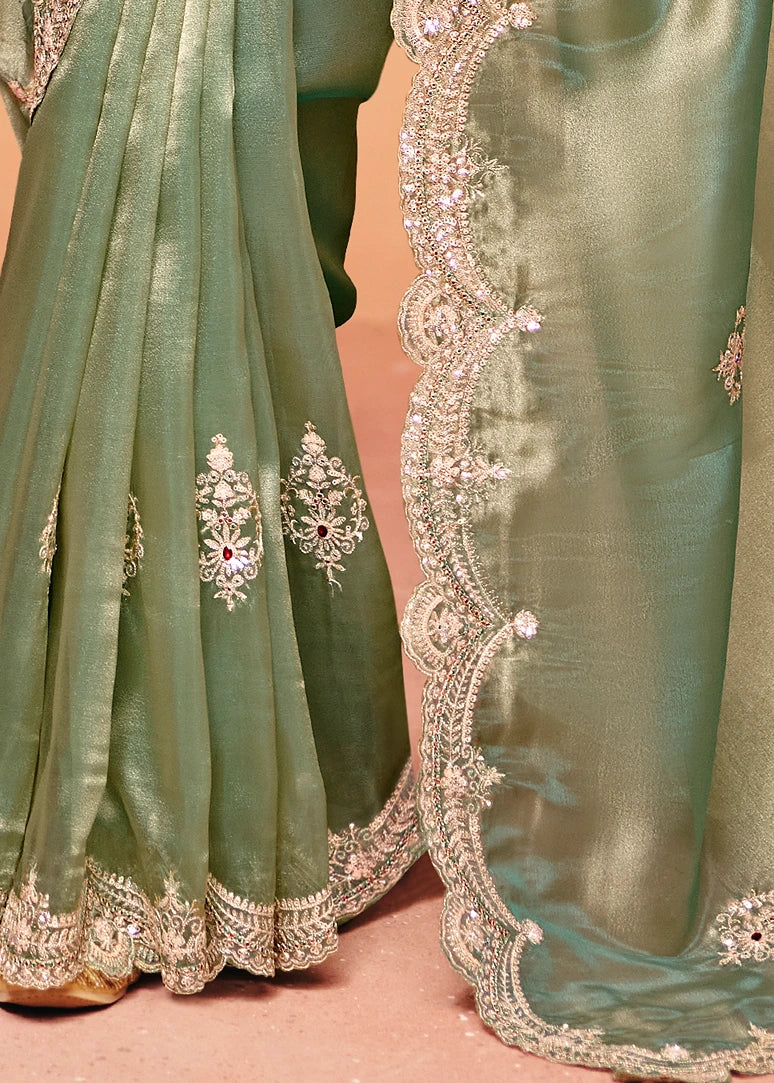 Ocean Green Tissue Silk Sequins Embroidery & Stone Work Saree