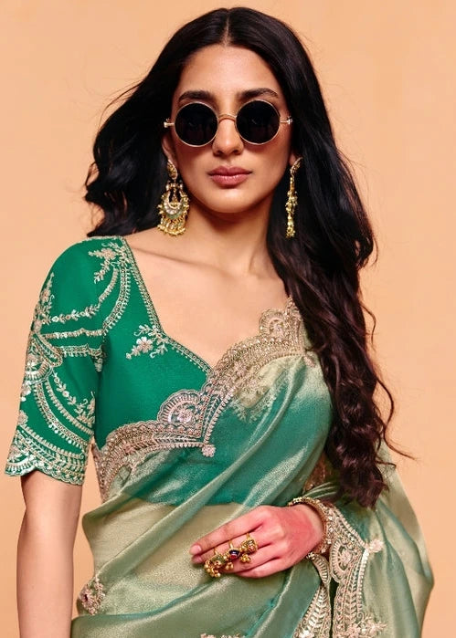 Ocean Green Tissue Silk Sequins Embroidery & Stone Work Saree