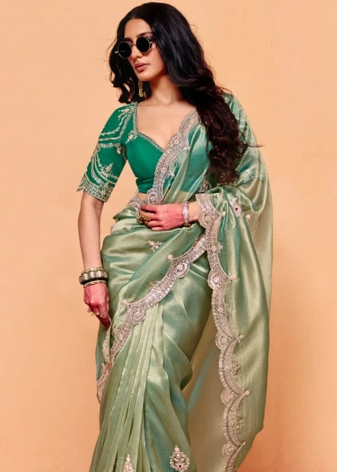 Ocean Green Tissue Silk Sequins Embroidery & Stone Work Saree