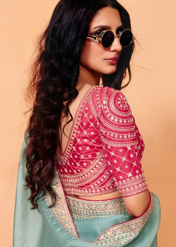 Sky Blue Organza Silk Sequins Embroidery Saree With Red Blouse