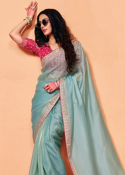 Sky Blue Organza Silk Sequins Embroidery Saree With Red Blouse