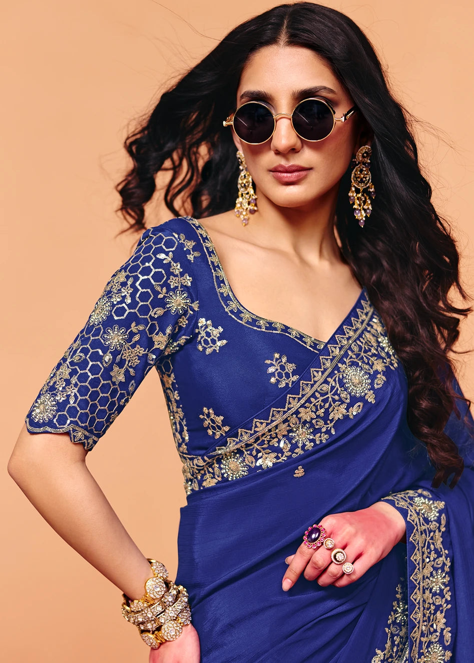 Royal Blue Crepe Silk Sequins Embroidery & Stone Work Saree