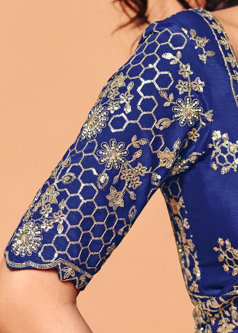 Royal Blue Crepe Silk Sequins Embroidery & Stone Work Saree