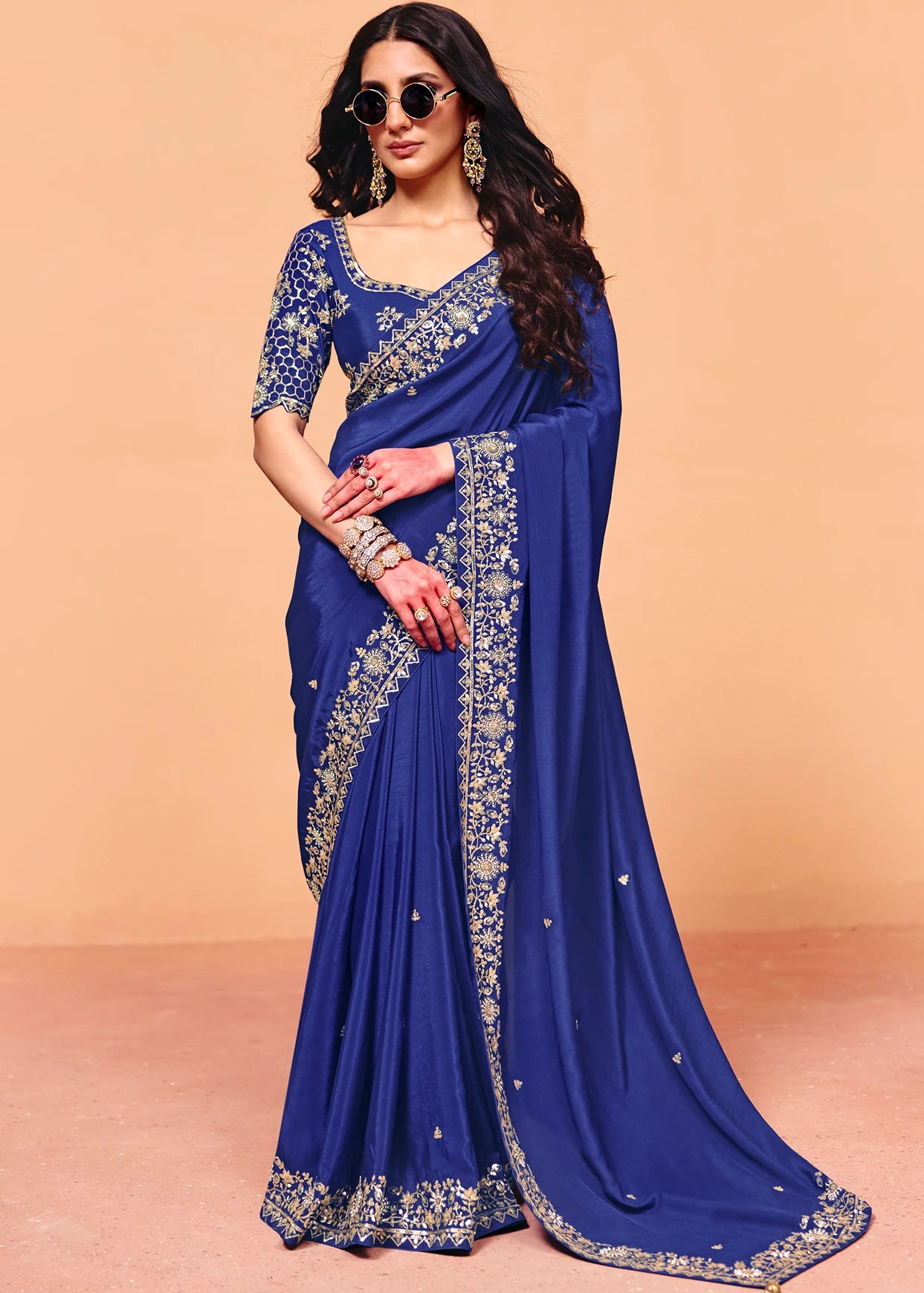 Royal Blue Crepe Silk Sequins Embroidery & Stone Work Saree