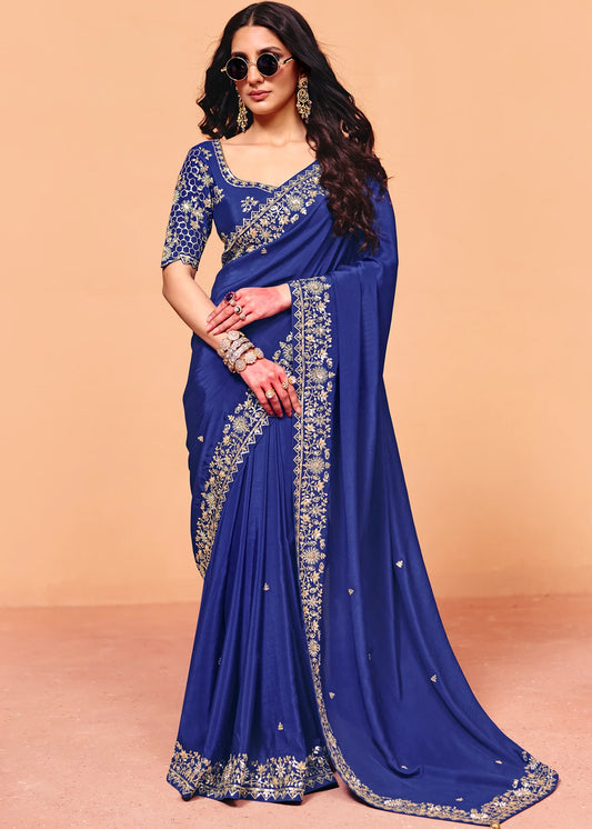 Royal Blue Crepe Silk Sequins Embroidery & Stone Work Saree