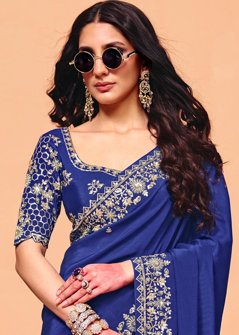 Royal Blue Crepe Silk Sequins Embroidery & Stone Work Saree