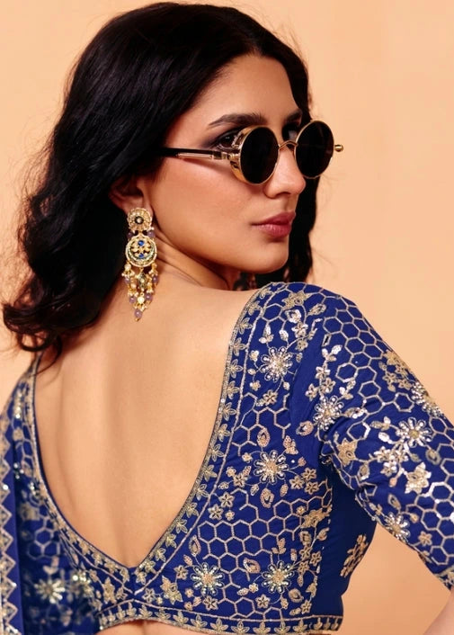 Royal Blue Crepe Silk Sequins Embroidery & Stone Work Saree