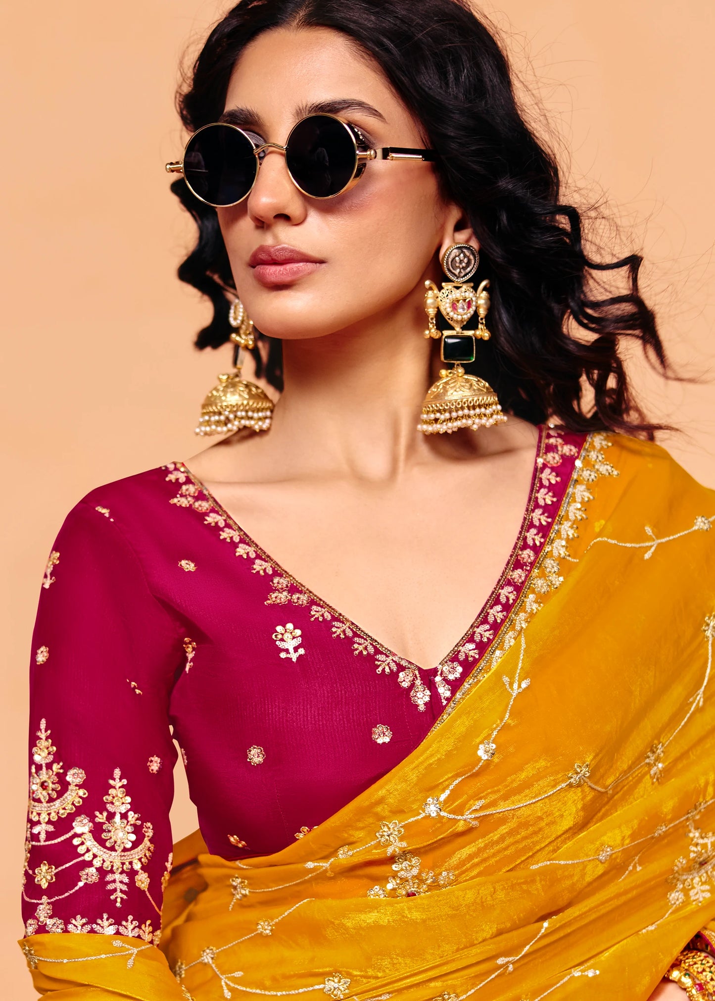 Mustard Yellow Organza Silk Sequins Embroidery & Stone Work Saree With Red Blouse