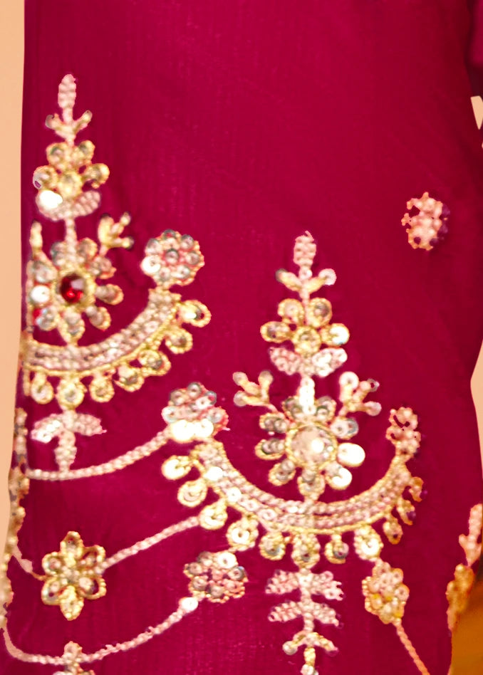 Mustard Yellow Organza Silk Sequins Embroidery & Stone Work Saree With Red Blouse