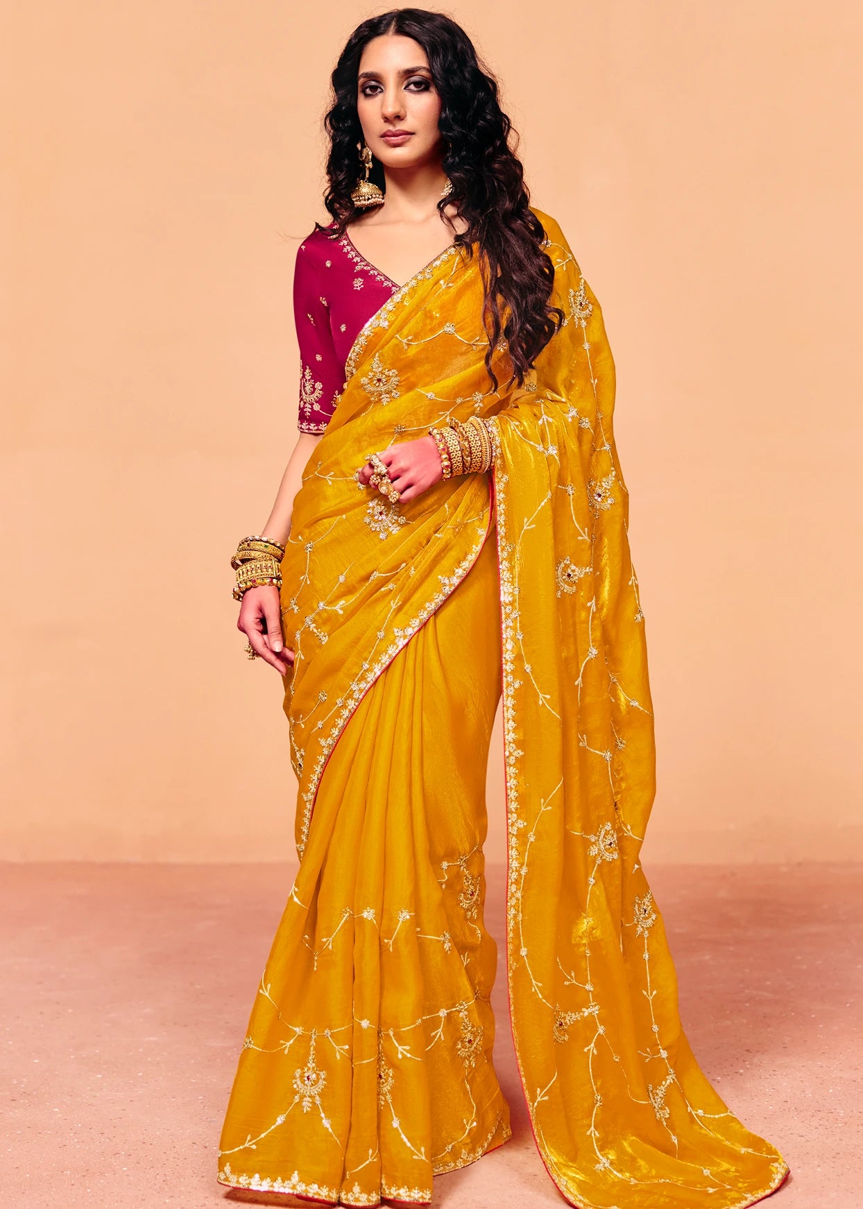 Mustard Yellow Organza Silk Sequins Embroidery & Stone Work Saree With Red Blouse