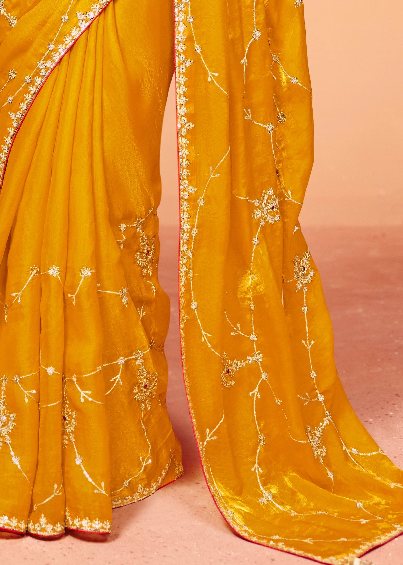 Mustard Yellow Organza Silk Sequins Embroidery & Stone Work Saree With Red Blouse