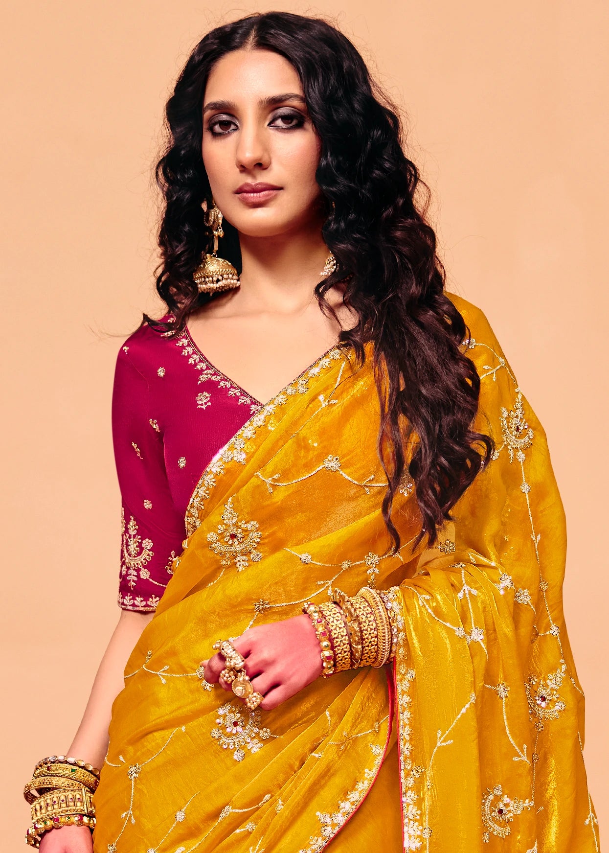 Mustard Yellow Organza Silk Sequins Embroidery & Stone Work Saree With Red Blouse