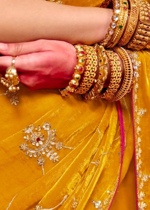 Mustard Yellow Organza Silk Sequins Embroidery & Stone Work Saree With Red Blouse