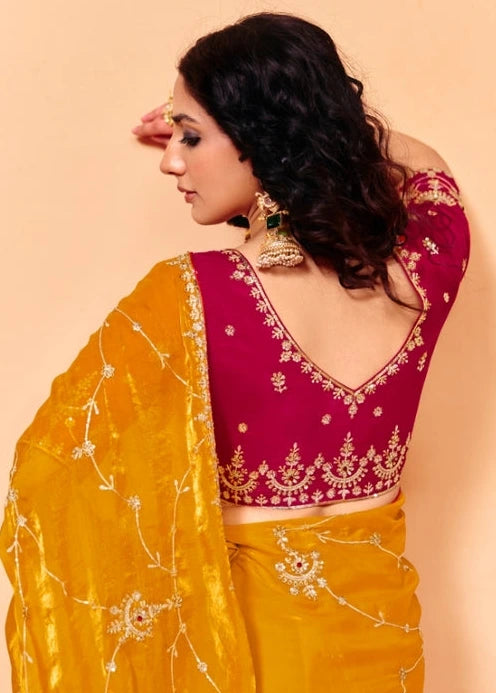Mustard Yellow Organza Silk Sequins Embroidery & Stone Work Saree With Red Blouse