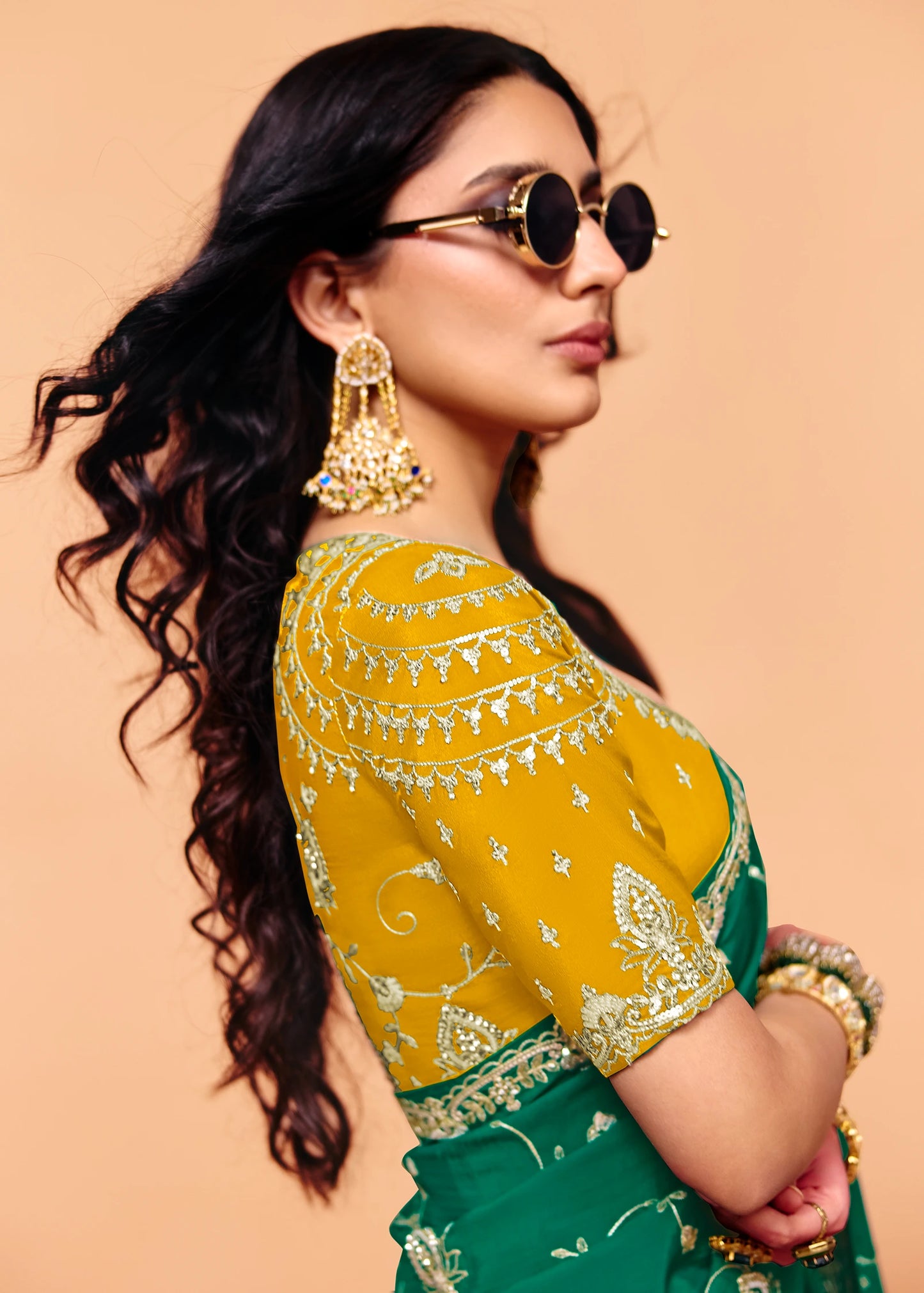Emerald Green Crepe Silk Sequins Embroidery Saree With Yellow Blouse