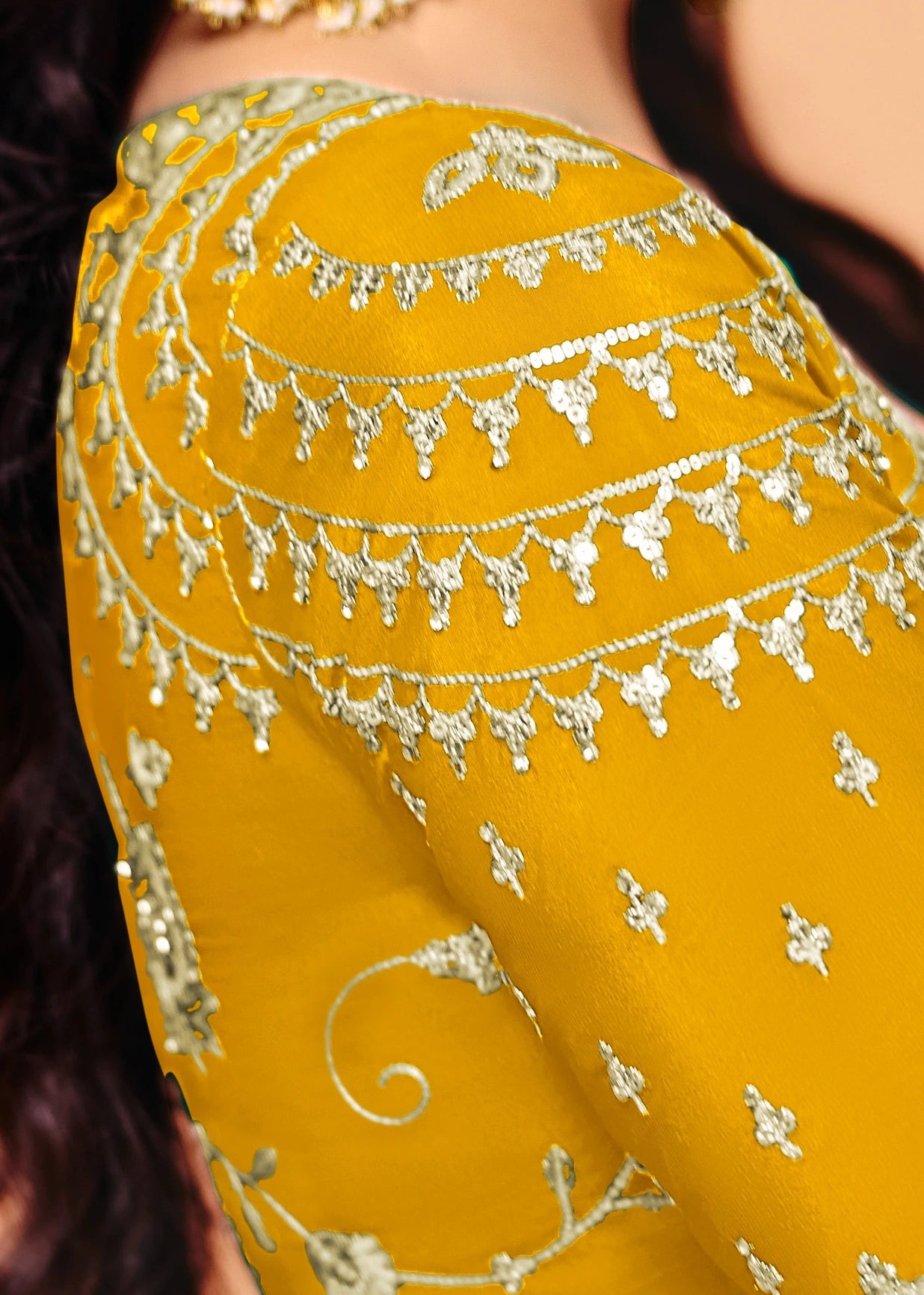 Emerald Green Crepe Silk Sequins Embroidery Saree With Yellow Blouse